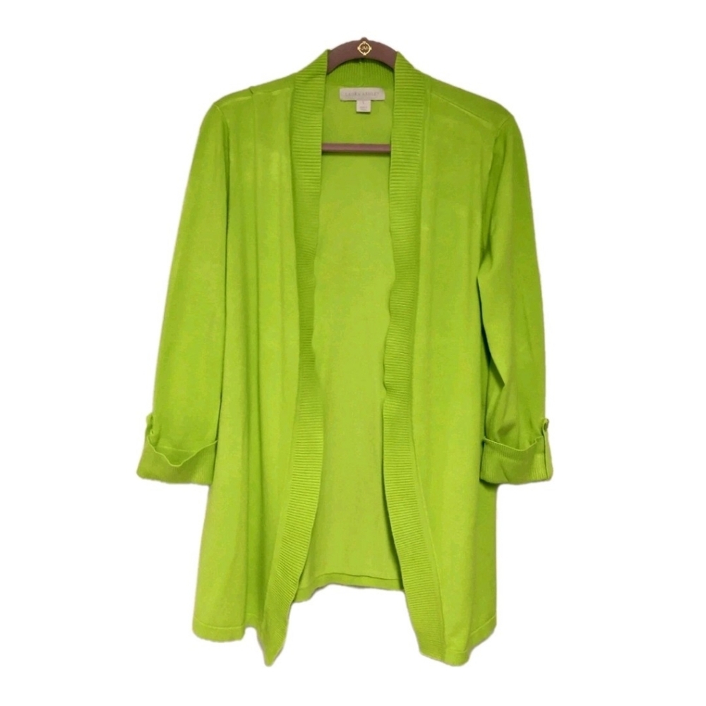 Laura Ashley Lime Green Open Front  Cardigan Sweater 3/4 Sleeve Size Large